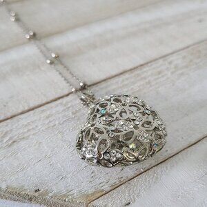 Heart Necklace Filigree Silver Tone Iridescent Crystal Rhinestone